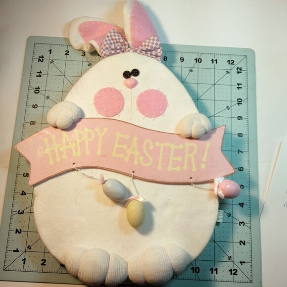 Happy Easter Bunny Wall Hanging Decoration Eggs Pink Bow - Picture 2 of 10